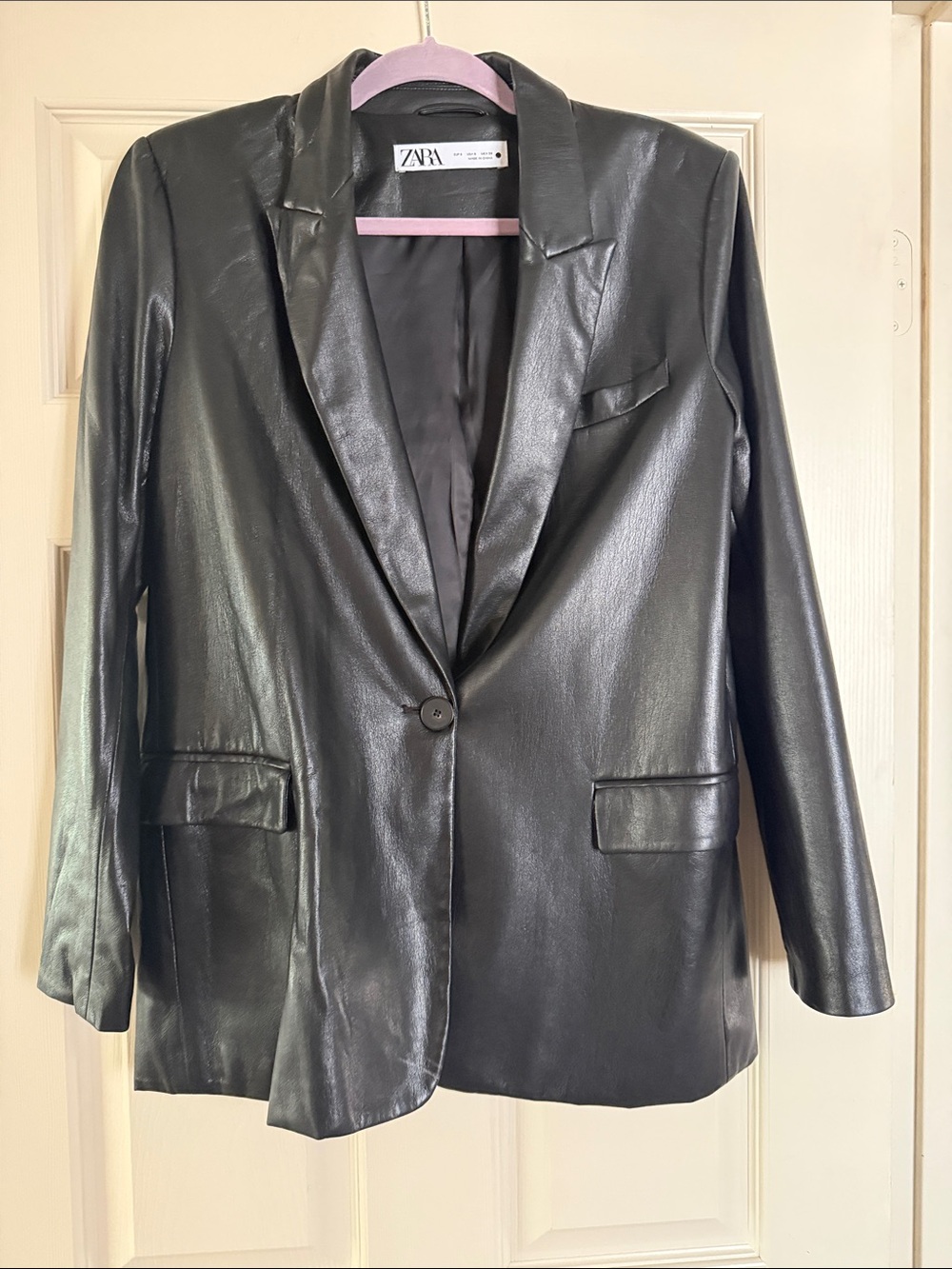 Zara Black Faux Leather Single-Button Blazer